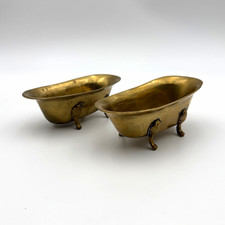 Pair Vintage Brass Miniature Clawfoot Bathtubs Soap Dishes Trinket Holders Set  picture