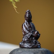 Natural Wood Carving Guan Yin Bodhisattva Small Statue Car Table Lucky Ornament picture