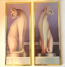 VTG Gold Framed Art Deco Style 80’s Cat Wall Art Modernist Cubist Sculpture  picture