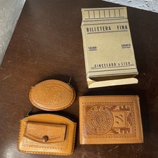 vintage Mexican hand-tooled leather pieces Wallet Coin Pouches Lot Of 3 picture