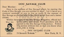 DOC SAVAGE CLUB EMBLEM CARD - VINTAGE REPRINT picture