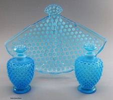 3 pc Fenton Blue Opalescent Hobnail Vanity Set-Cologne Perfumes + Fan Tray-1940s picture
