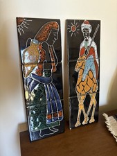 Set of 2 Vintage Colorful MCM Ceramic Wall Art Plaques picture