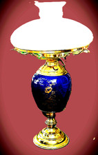 Vintage Cobalt Blue Oil Kerosene Glass Parlor Lamp Milk Glass Shade 27