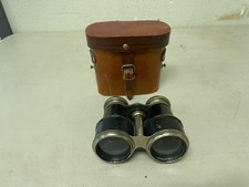 Antique Black Silver Opera Glasses Binoculars Brown Leather Case picture
