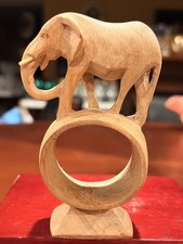 Vintage Hand Carved Wood Elephant Stand Figurine Ring Base Kenya Tribal Art  picture