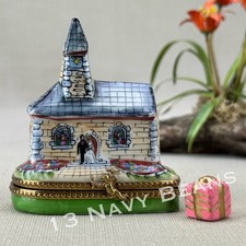 Limoges France Peint Main Hand Painted Wedding Chapel Bride & Groom w Present picture