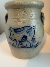 Vintage 1989 Rowe Pottery Works 1/2 Gallon Pig Crock Stamped Vernon Hogue MINT picture