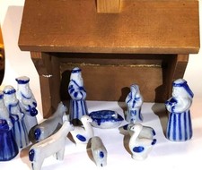 Vintage 1987 Signed David Eldreth Salt Glaze Nativity Set Wooden Stable picture