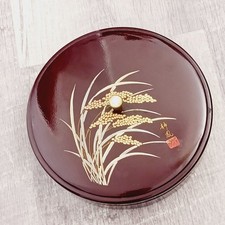 Vintage Japanese Lacquerware Round Divided Serving Tray W/Lid Rice Stalk Motif picture