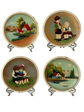 4 Vintage Wooden Dutch Wall Plates Handpainted Scenes 6 7/8” Cottagecore Japan picture