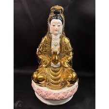 Vintage Chinese Porcelain Guan Yin Statue Gold Gilt Moriage Lotus Base Figurine picture