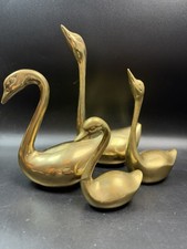Heavy Brass Swan Figurines Family Set Of 4 Mid Century Modern Vintage Decor picture