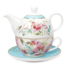 fanquare Pink Floral Teapot, Tea Cup and Saucer Set with Gold Trim, Porcelain picture