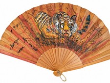 Vintage Korean Hand Painted Tiger Folding Fan Bamboo Signed Korea Asian Folk Art picture