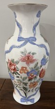 Chinese Porcelain Vase Floral Bouquet Blue Ribbon Bow White VTG 14” Tall *READ* picture