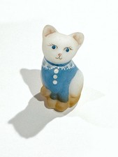 RARE Vtg FENTON Satin Cat Kitten BLUE SWEATER Signed Hand Painted White Glass picture