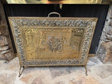 ANTIQUE ENGLISH VICTORIAN EMBOSSED BRASS FIREPLACE FIRE SCREEN WITH FEET picture