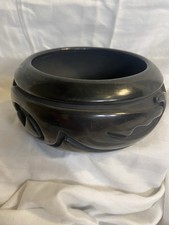 Stella Chavarria Santa Clara Pueblo Signed Black Pottery Carved Bowl picture