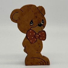 Vtg Hand Painted Wood Teddy Bear Shelf Sitter Figurine Sad Eye Polka Dot Bow Tie picture
