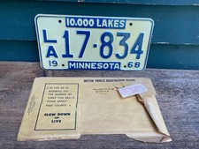 Vintage Original 1968 Minnesota License Plate LA 17-834 Envelope 10,000 Lakes picture