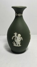 Antique Wedgwood Jasperware Olive Green Bud Vase Greek Relief 5 1/4