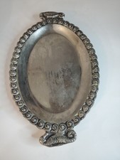 Stunning Silver Metal Alloy Sculpted Seahorse Handled Nautilus Framed Platter picture