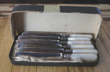 Antique Mother of Pearl Handle Sterling Ferrule Dessert Knives Set 6 Swirl MOP picture