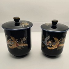 Vintage Rickshaw Japanese Lidded Tea Cups set of 2 Cobalt Blue picture
