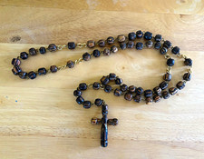  Vintage Wooden Bead Rosary with Carved Wood Cross Brown Tan Striped Beads picture
