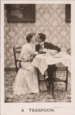 RPPC * Lovers Kissing at Dinner Table