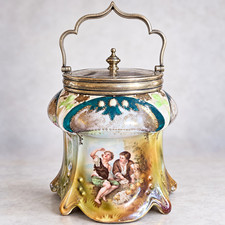 Antique RS Prussia Jeweled Biscuit Barrel Melon Eaters Scene Silverplate Lid picture