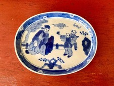 Antique Chinese Hand Painted Blue and White Platter w/ Scholar & Child c 1850 picture