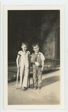 Vintage Studio Photo Two Cute Little Boys Brothers Cast and Crutches Odd 1940s picture