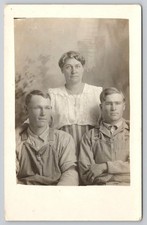 RPPC Postcard Mother Two Sons Striped Overalls Jumper Workwear Real Photo c1910 picture