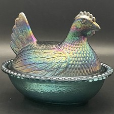 Indiana Iridescent Blue Carnival Glass Hen on Nest Candy Box c1970s USA 5.5”t picture