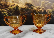 Vintage Indiana Glass Amber, Daisy Pattern, Footed Cream and Sugar Set picture