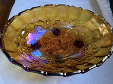Vintage Indiana Glass Amber Carnival Iridescent Oval 4 Footed Bowl Harvest Grape picture