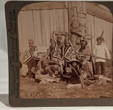 1902 THE FANTASTIC POTLATCH DANCERS, VILLAGE OF KLINKWAN, ALASKA  STEREOVIEW picture