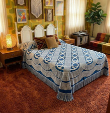 Vtg 60s/70s Midcentury Minette Chenille Bedspread Full Bed Cover Blanket Blue picture