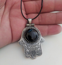 Ancient Vintage Victorian Amulet Pendant Sterling Silver Engraved Black Onyx picture