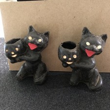 Two Vintage 1952 Wax Halloween Black Cat Candy Container Holder 