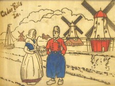 VINTAGE ANTIQUE CEDAR FALLS IOWA SOUVENIR DUTCH PYROGRAPHY TRAY WINDMILLS CANALS picture