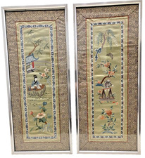 Asian Silk Embroidery Tapestry Framed Japanese UME Apricot Blue Floral Garden picture