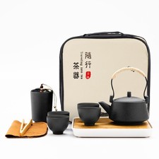 Chinese Black Ceramic Kungfu Tea Set, Japanese Portable Tea Set with Tray, Tr... picture