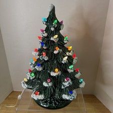 15.75” VTG Ceramic Flocked Christmas Tree Music Box Flicker Lights Holly Berries picture