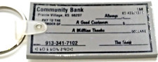 Vintage Keychain Community Bank Check PRAIRIE VILLAGE KANSAS Plastic Gray K122 picture