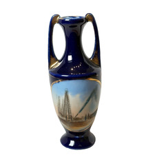 BEAUMONT Oil Wells Gas TX TEXAS ANTIQUE Souvenir China COBALT TRINKET VASE picture