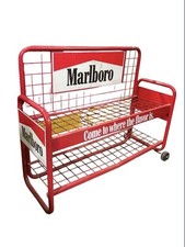 Vintage Marlboro Rolling Metal Wheeled Shelving Cart Tobacco Advertising picture
