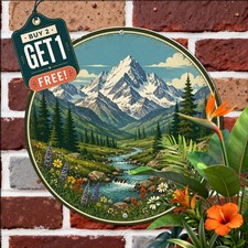 Snowy Peak Stream Mountain Landscape Round Sign Alpine Wilderness Wall Plaque picture